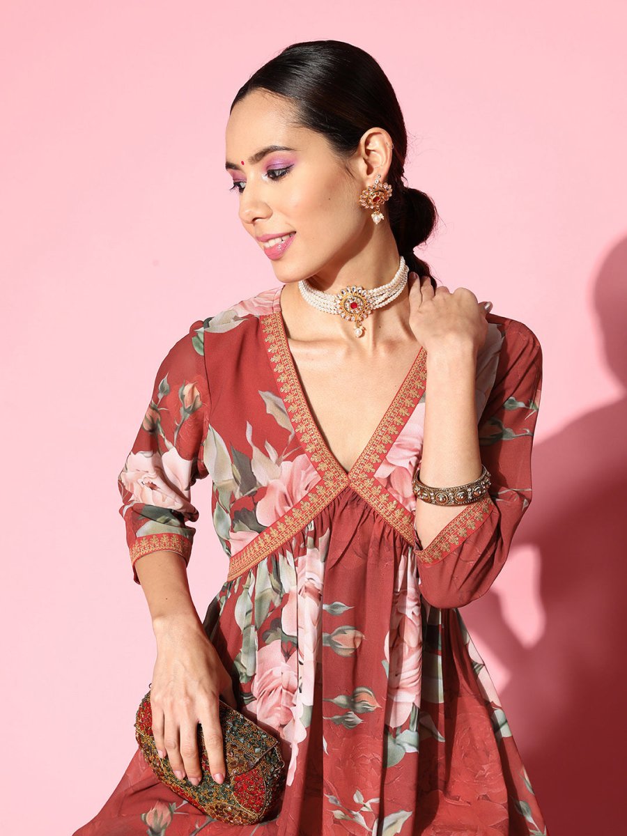 Ahalyaa Women Red Floral Printed Empire Thread Work Kurti With Sharara - Distacart