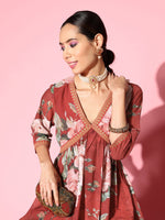 Thumbnail for Ahalyaa Women Red Floral Printed Empire Thread Work Kurti With Sharara - Distacart