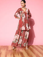 Thumbnail for Ahalyaa Women Red Floral Printed Empire Thread Work Kurti With Sharara - Distacart