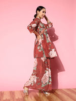 Thumbnail for Ahalyaa Women Red Floral Printed Empire Thread Work Kurti With Sharara - Distacart
