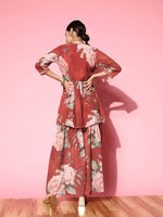 Thumbnail for Ahalyaa Women Red Floral Printed Empire Thread Work Kurti With Sharara - Distacart