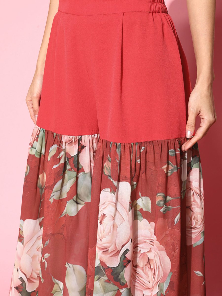 Ahalyaa Women Red Floral Printed Empire Thread Work Kurti With Sharara - Distacart