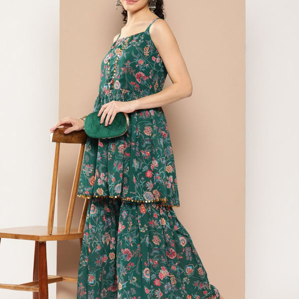 Ahalyaa Women Floral Printed Pleated Sequinned Top with Sharara - Distacart