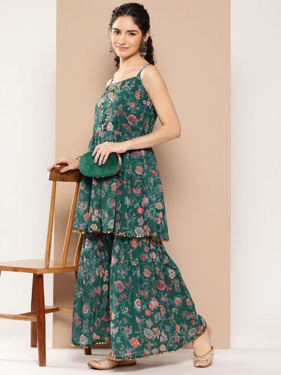 Ahalyaa Women Floral Printed Pleated Sequinned Top with Sharara - Distacart