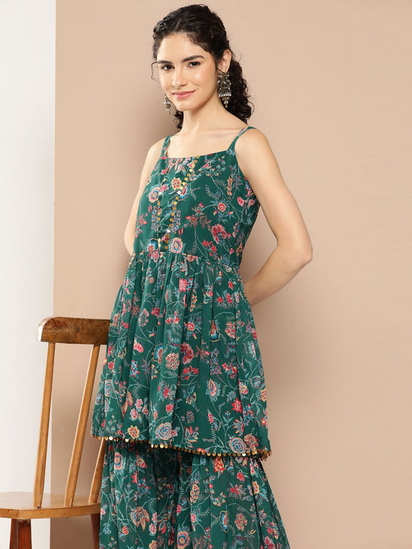 Ahalyaa Women Floral Printed Pleated Sequinned Top with Sharara - Distacart