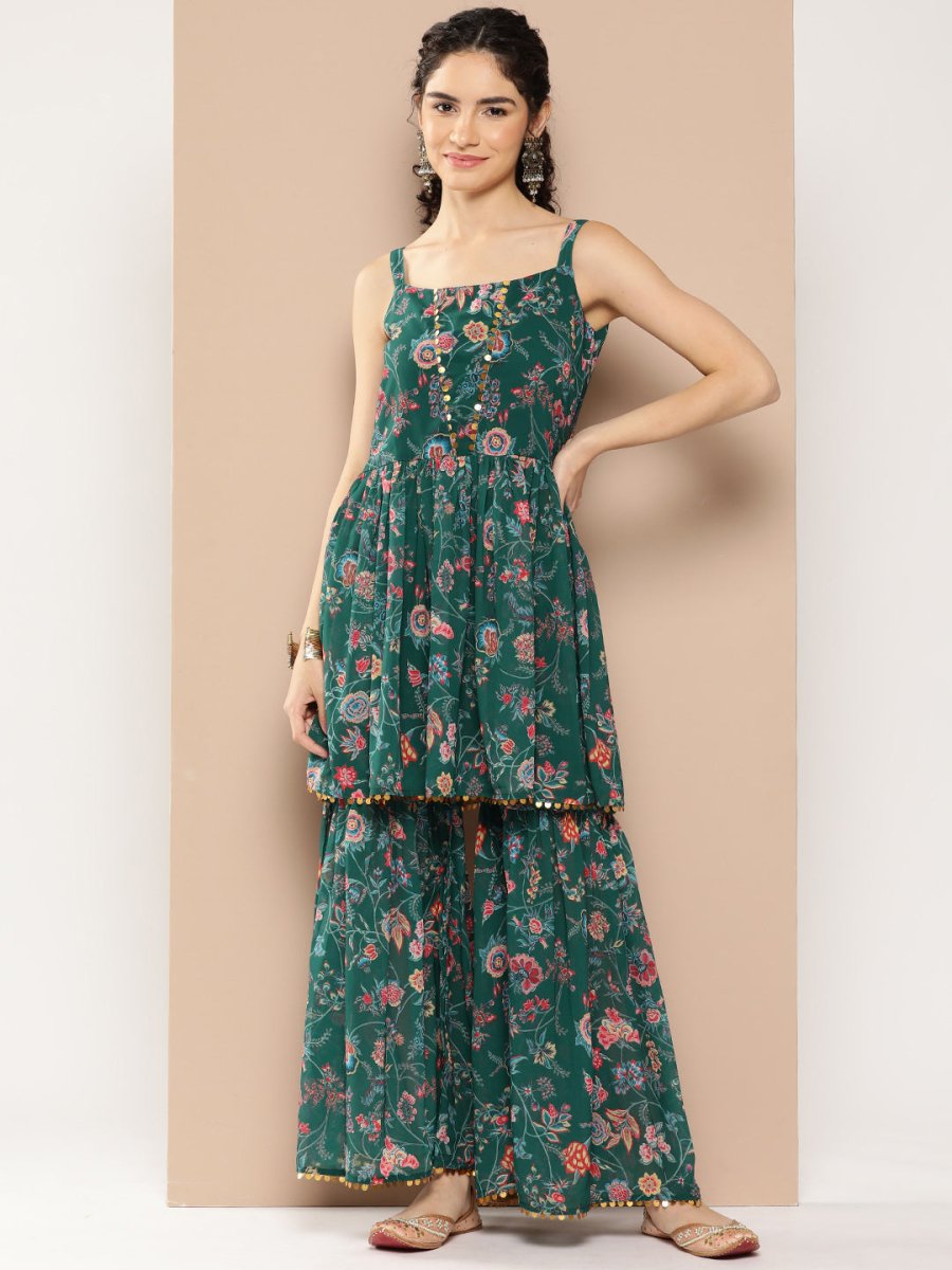 Ahalyaa Women Floral Printed Pleated Sequinned Top with Sharara - Distacart
