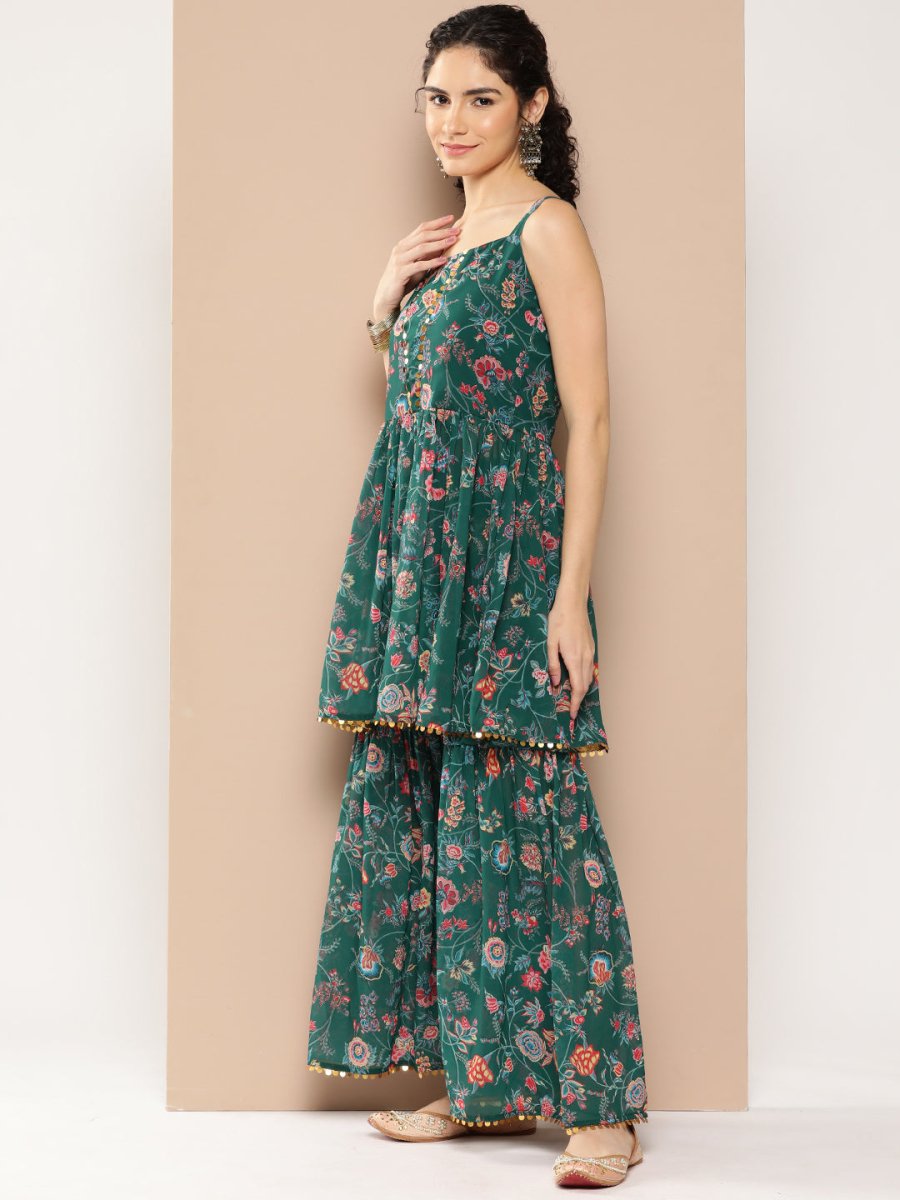 Ahalyaa Women Floral Printed Pleated Sequinned Top with Sharara - Distacart