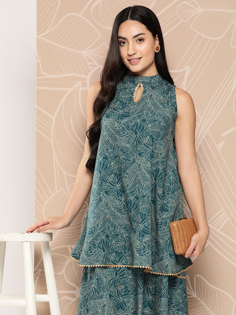 Ahalyaa Printed Crepe Ethnic Halter Neck Tunic With Skirt - Distacart