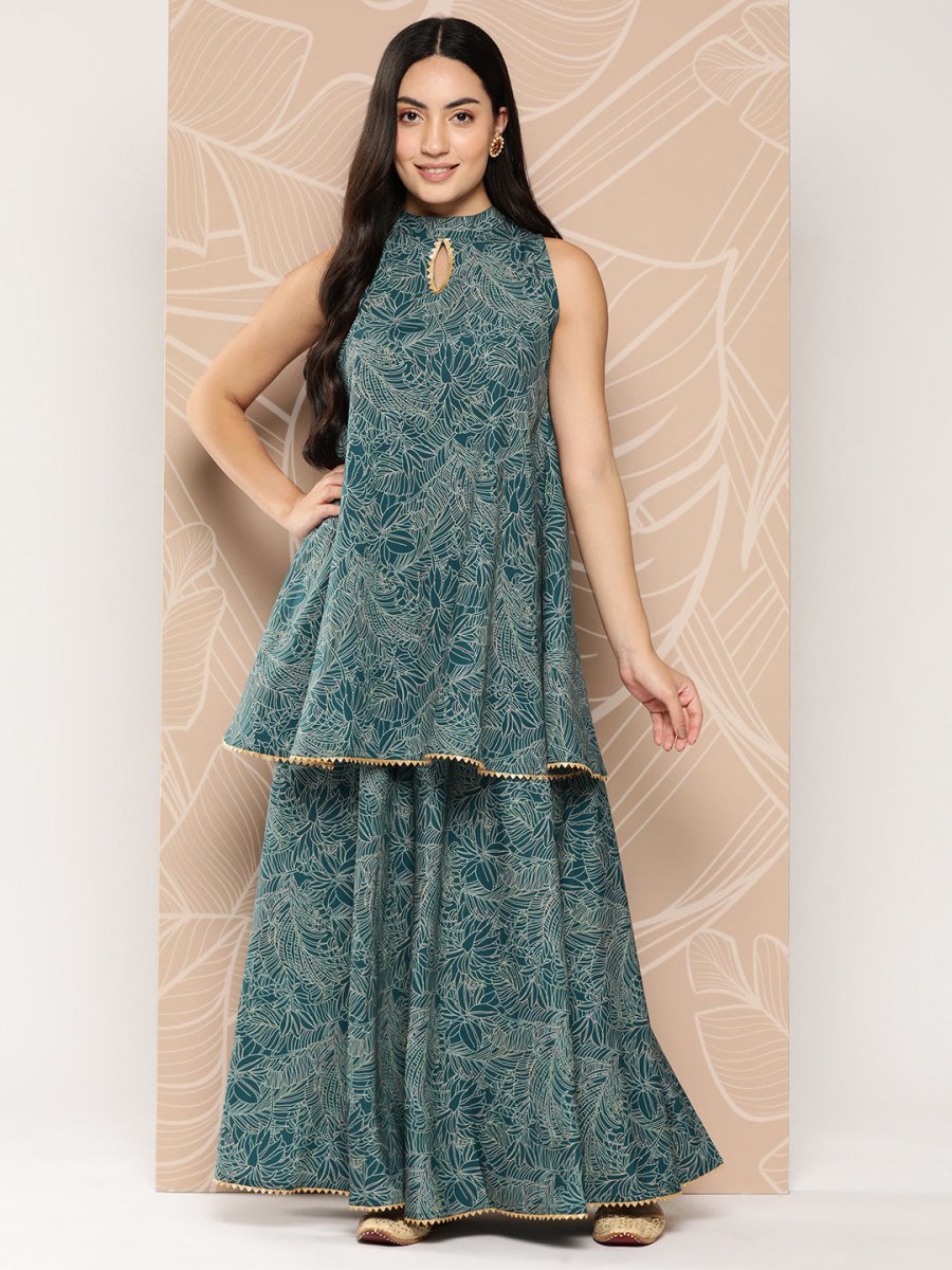 Ahalyaa Printed Crepe Ethnic Halter Neck Tunic With Skirt - Distacart