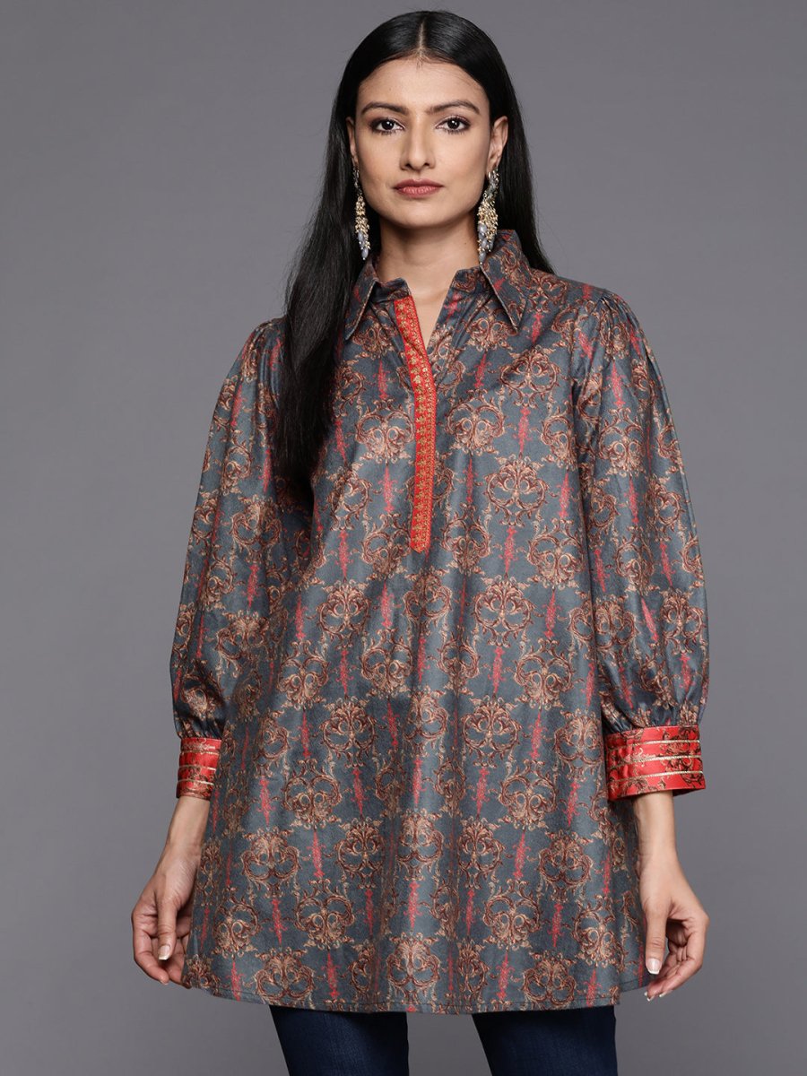 Ahalyaa Grey Shirt Collar Velvet Digital Printed Tunic - Distacart