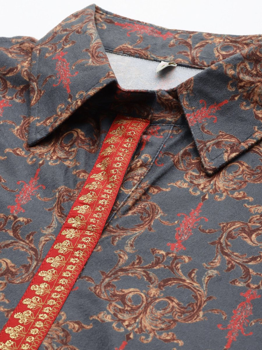 Ahalyaa Grey Shirt Collar Velvet Digital Printed Tunic - Distacart