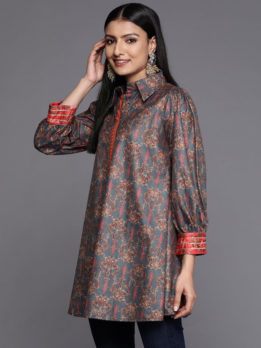 Ahalyaa Grey Shirt Collar Velvet Digital Printed Tunic - Distacart