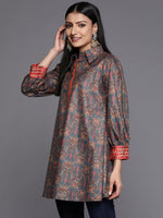 Thumbnail for Ahalyaa Grey Shirt Collar Velvet Digital Printed Tunic - Distacart