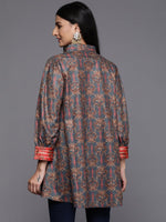 Thumbnail for Ahalyaa Grey Shirt Collar Velvet Digital Printed Tunic - Distacart