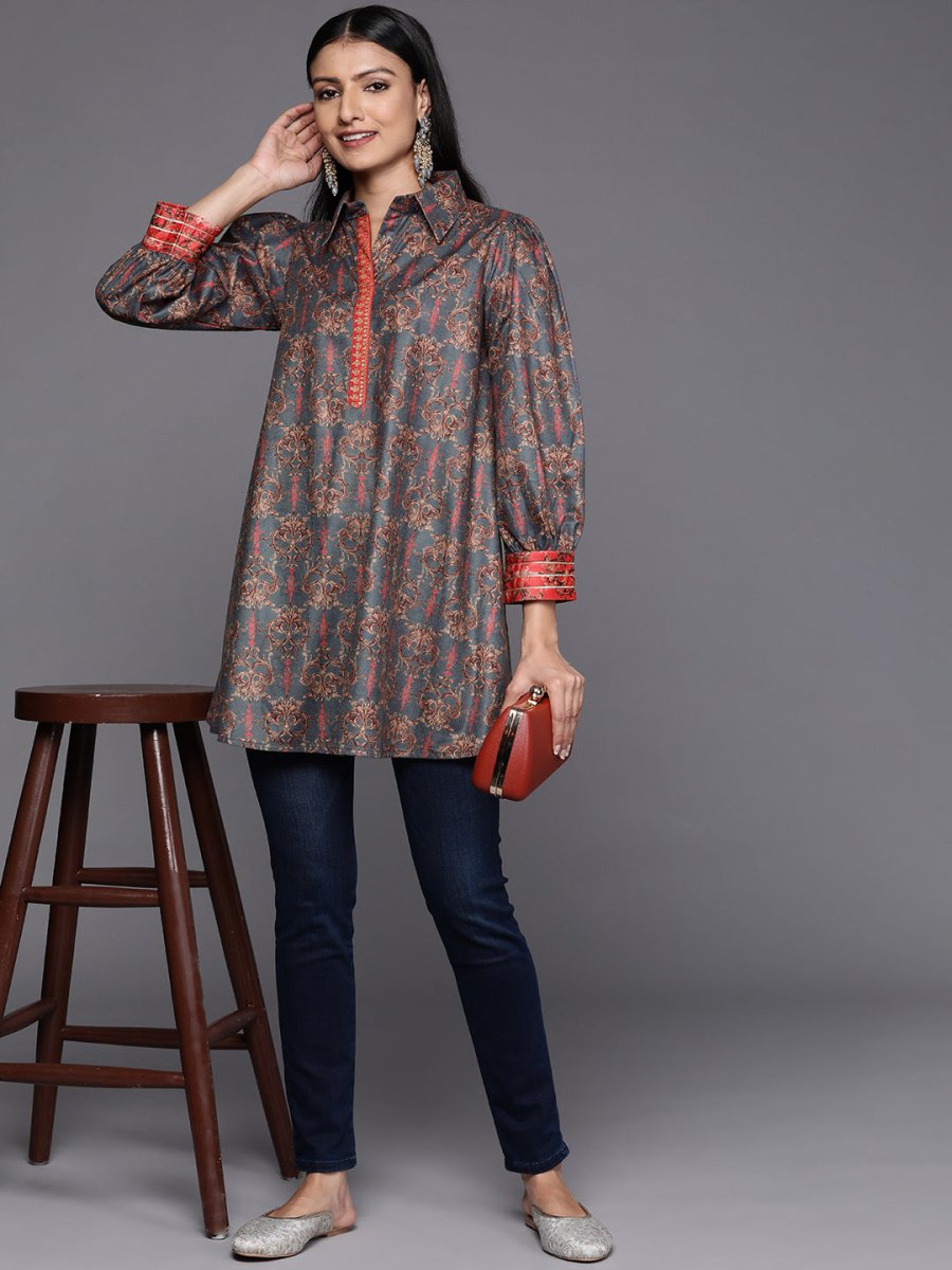 Ahalyaa Grey Shirt Collar Velvet Digital Printed Tunic - Distacart