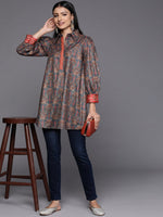 Thumbnail for Ahalyaa Grey Shirt Collar Velvet Digital Printed Tunic - Distacart