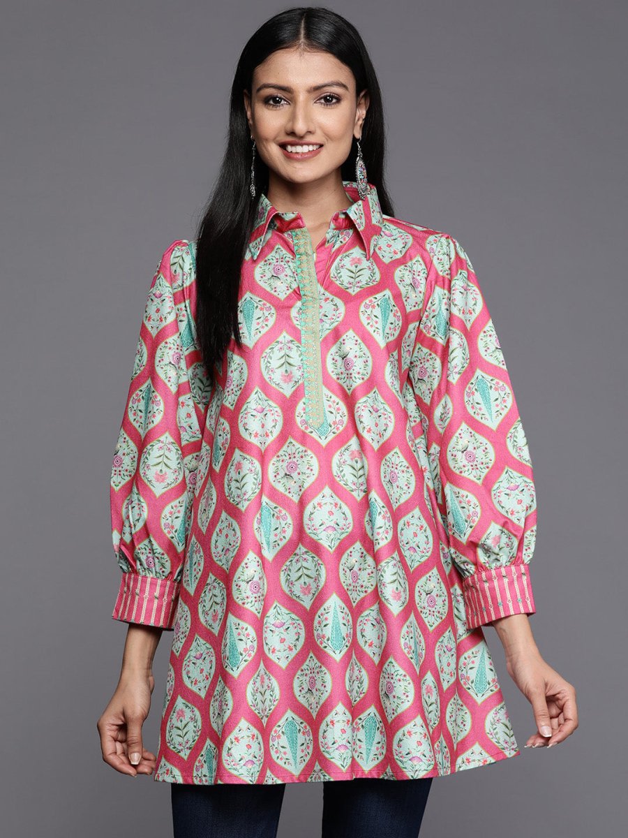 Ahalyaa Fuchsia Shirt Collar Velvet Digital Printed Tunic - Distacart