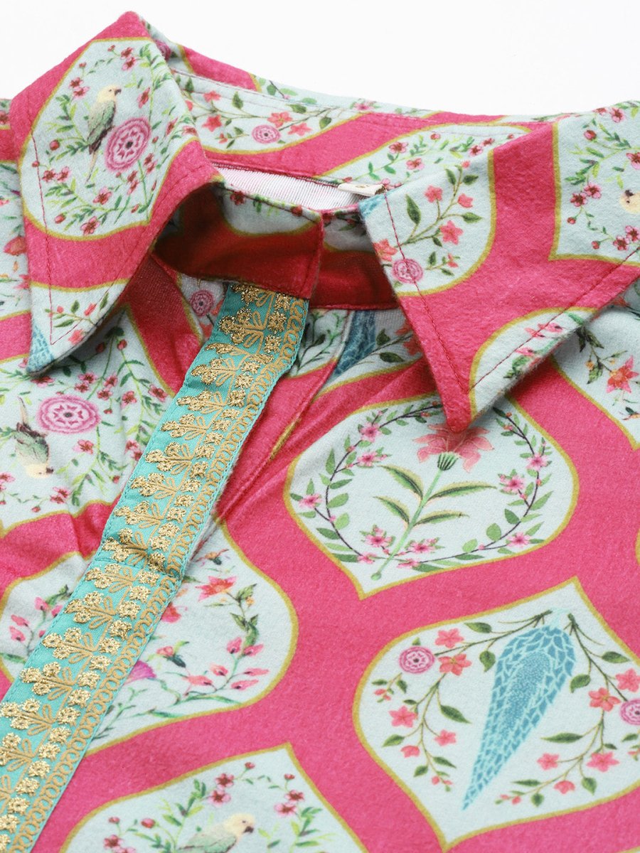 Ahalyaa Fuchsia Shirt Collar Velvet Digital Printed Tunic - Distacart