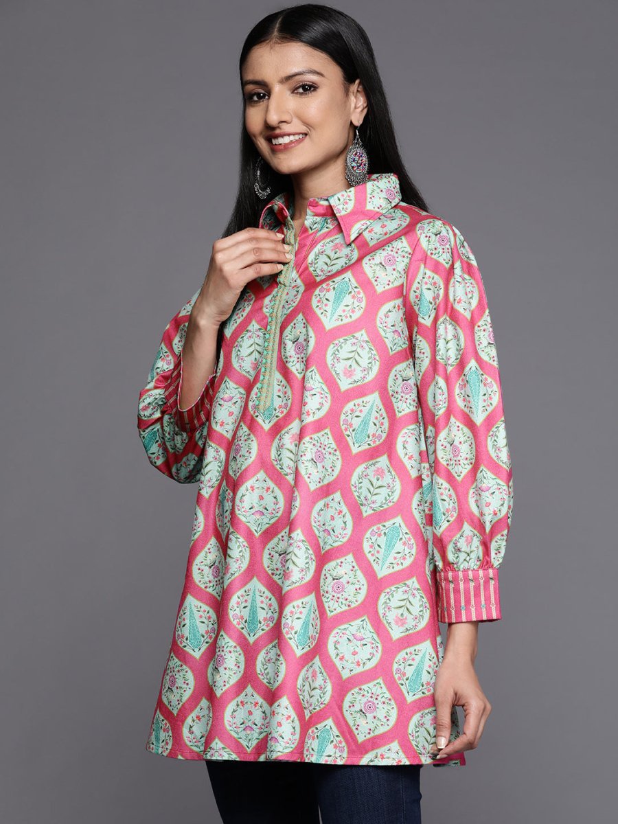 Ahalyaa Fuchsia Shirt Collar Velvet Digital Printed Tunic - Distacart