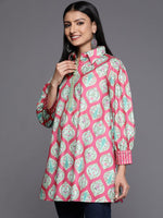 Thumbnail for Ahalyaa Fuchsia Shirt Collar Velvet Digital Printed Tunic - Distacart