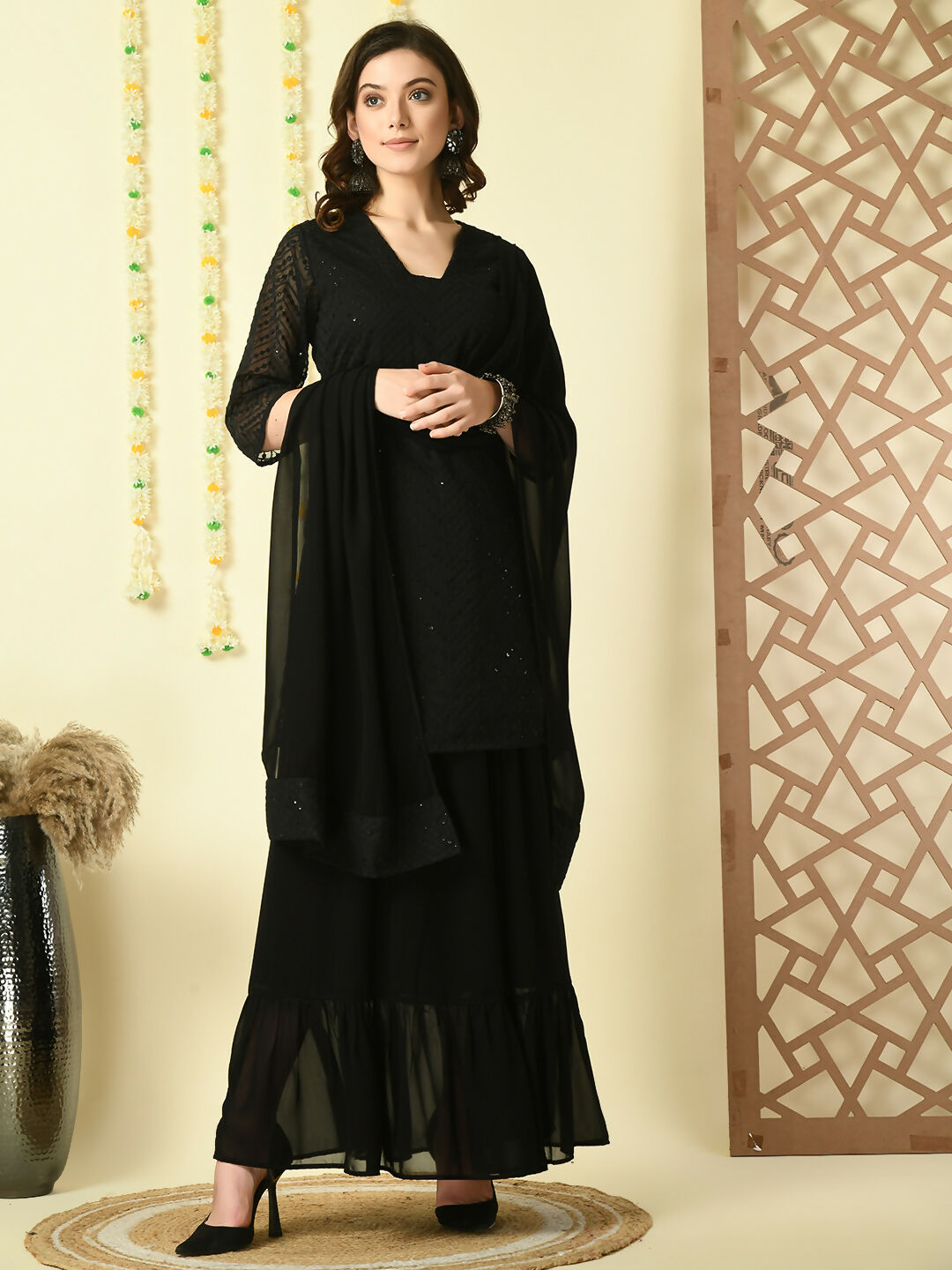 Myshka Women's Black Georgette Kurti & Skirt With Dupatta Party Sets - Distacart