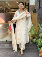 Thumbnail for The52 Off White Women's Gorgeous Chinon Fabric Embroidered Work Straight Kurta Pant and Dupatta Set - Distacart