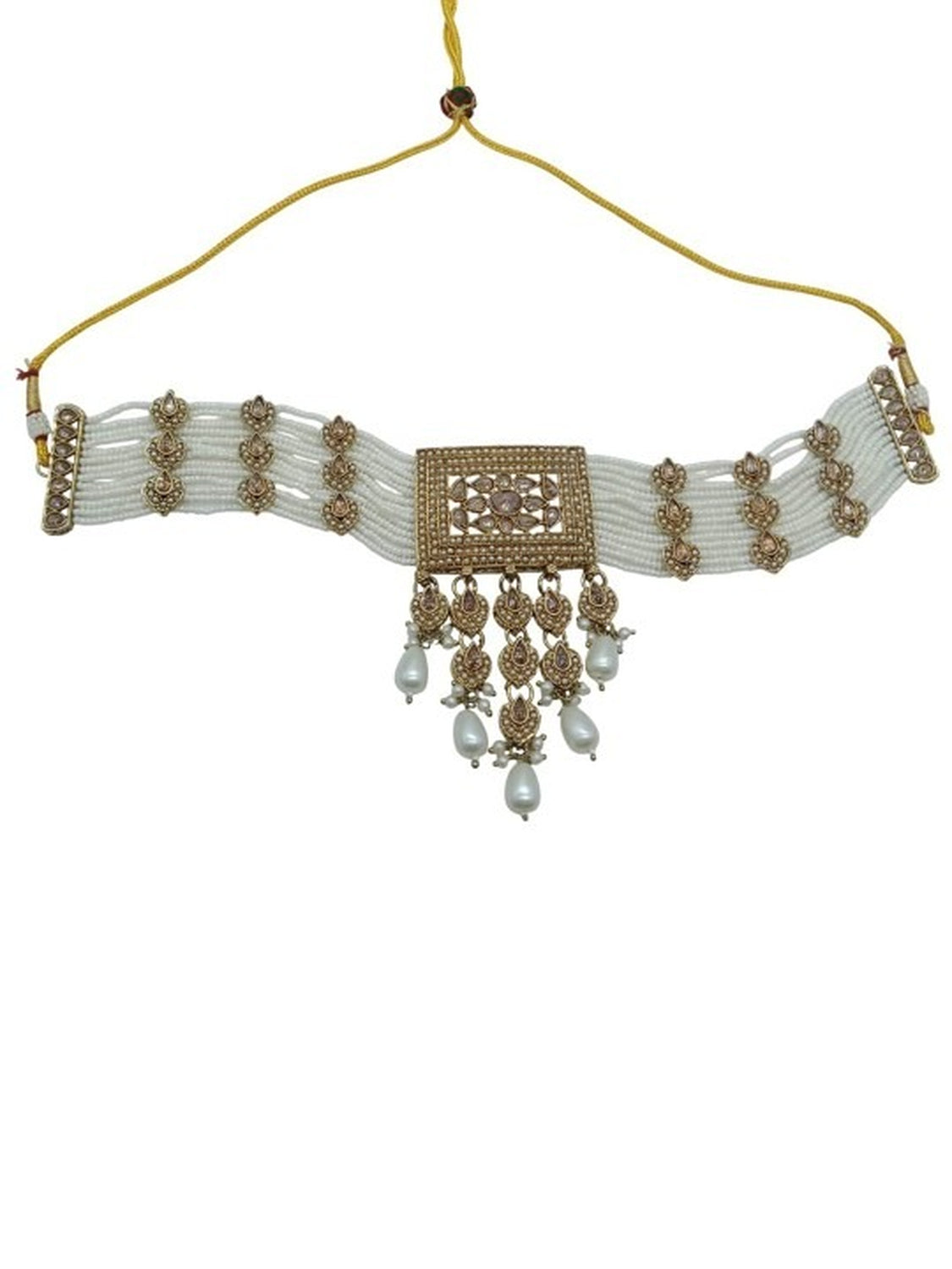 Jewel City Traditional Ethnic Antique Gold-Plated Pearl Bridal Choker Set with Earrings, Maang Tikka