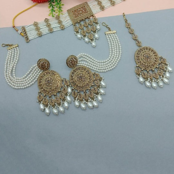 Jewel City Traditional Ethnic Antique Gold-Plated Pearl Bridal Choker Set with Earrings, Maang Tikka - Distacart