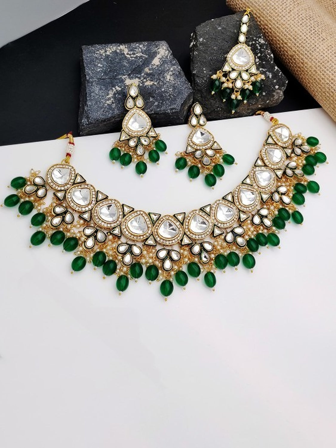 Jewel City Gold-Plated Kundan Choker Necklace Set with Beads & Maang Tikka | Traditional Indian Bridal Jewelry