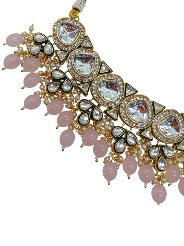 Jewel City Gold-Plated Kundan Choker Necklace Set with Beads & Maang Tikka | Traditional Indian Bridal Jewelry
