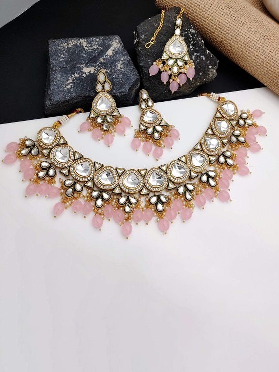 Jewel City Gold-Plated Kundan Choker Necklace Set with Beads & Maang Tikka | Traditional Indian Bridal Jewelry