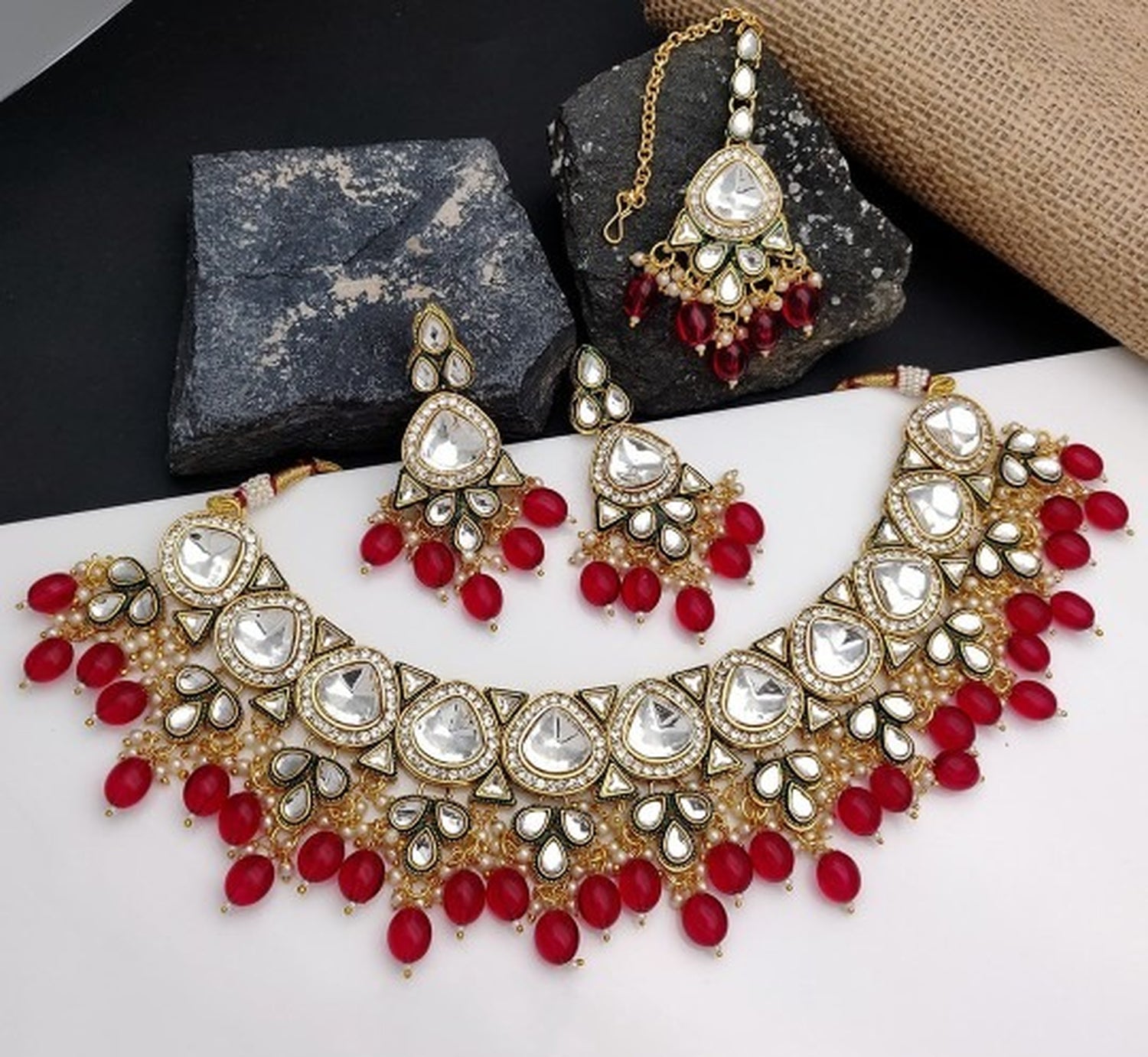 Jewel City Gold-Plated Kundan Choker Necklace Set with Beads & Maang Tikka | Traditional Indian Bridal Jewelry