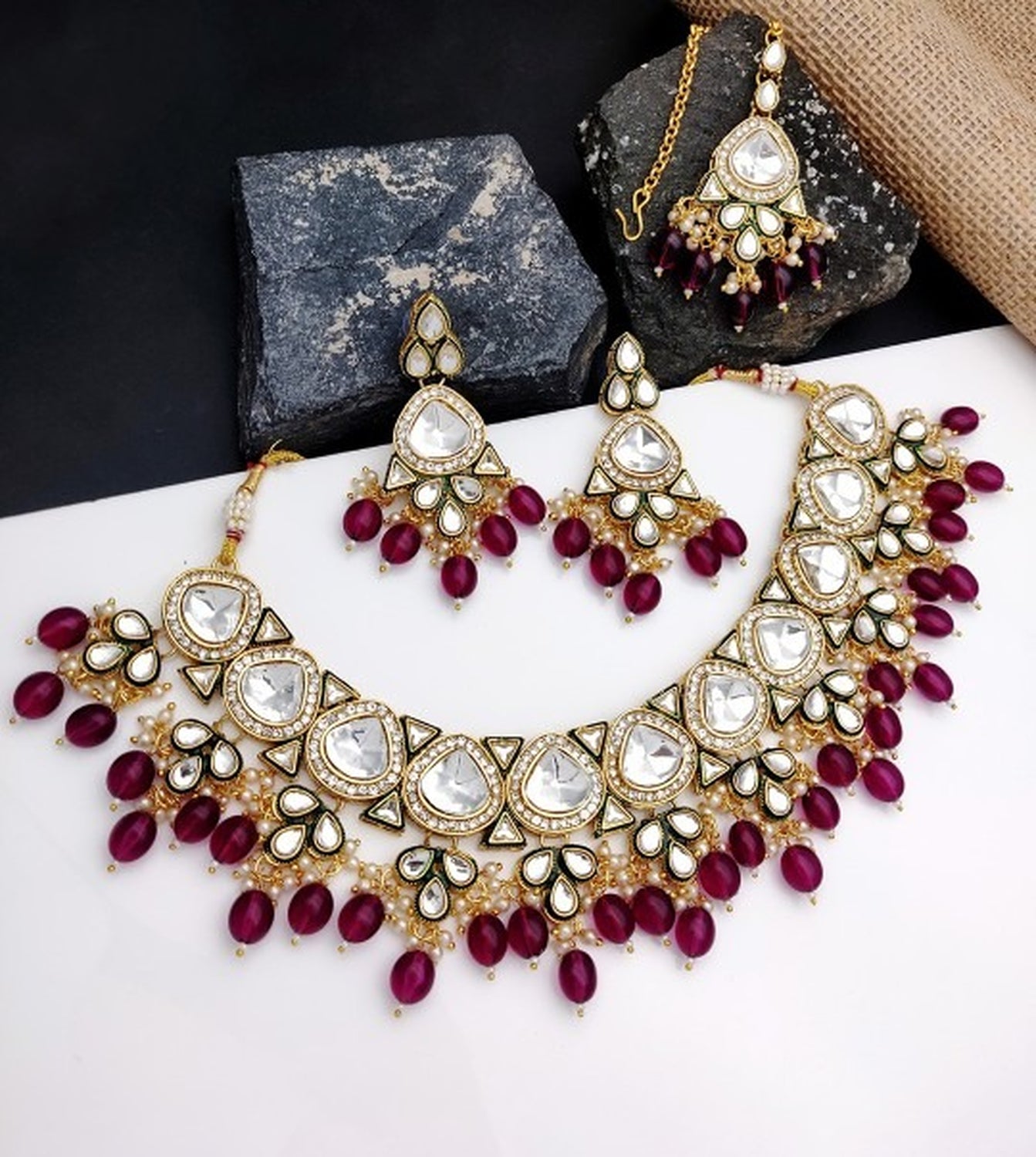 Jewel City Gold-Plated Kundan Choker Necklace Set with Beads & Maang Tikka | Traditional Indian Bridal Jewelry