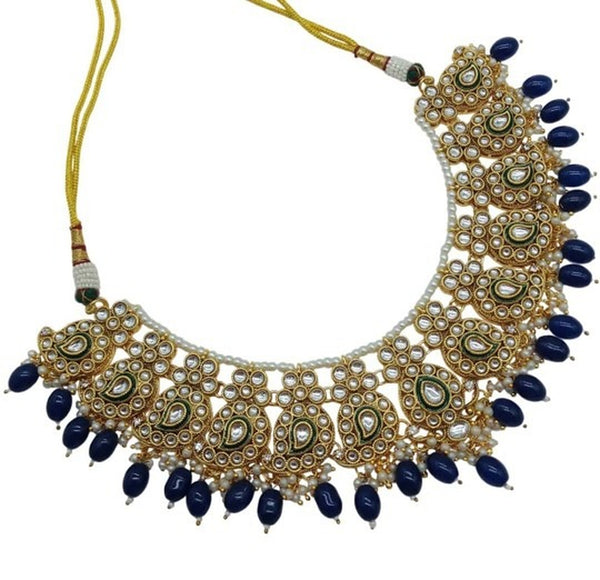 Jewel City Royal Blue Kundan Choker Necklace Set with Maang Tikka & Earrings | Traditional Gold-Plated Indian Bridal Jewelry