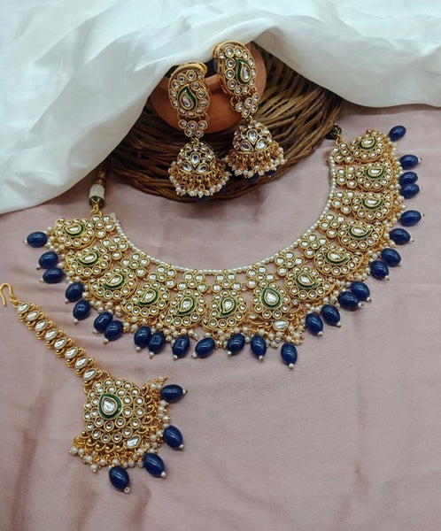 Jewel City Royal Blue Kundan Choker Necklace Set with Maang Tikka & Earrings | Traditional Gold-Plated Indian Bridal Jewelry