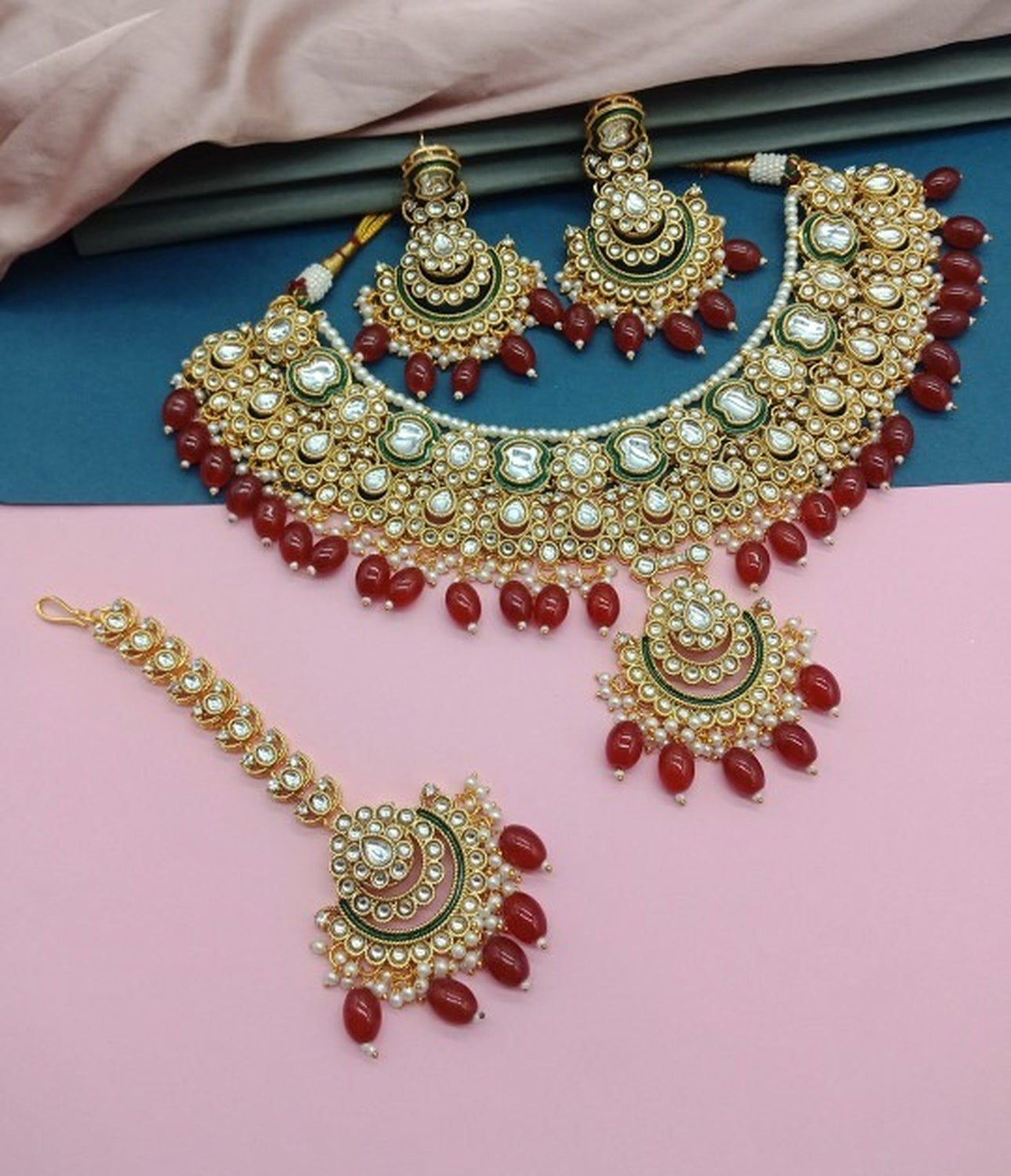 Jewel City Bridal Beaded Kundan Choker Necklace Set - Traditional Gold-Plated Indian Wedding Jewelry