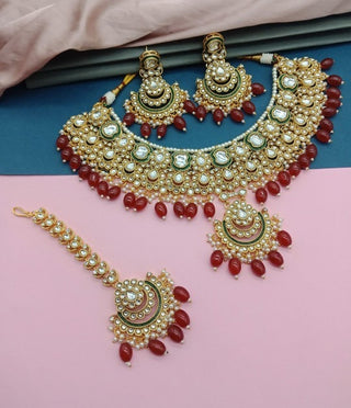 Jewel City Bridal Beaded Kundan Choker Necklace Set - Traditional Gold-Plated Indian Wedding Jewelry