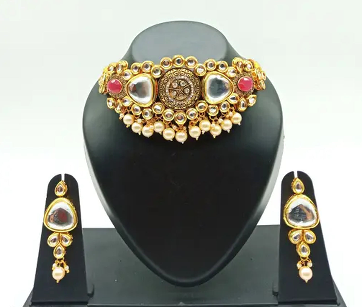 Jewel City Antique Kundan Choker Set with Pearl Drops - Gold-Plated Traditional Bridal Jewelry