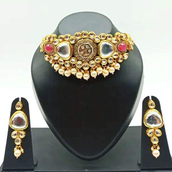 Jewel City Antique Kundan Choker Set with Pearl Drops - Gold-Plated Traditional Bridal Jewelry - Distacart