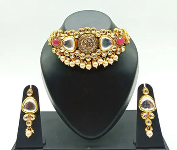 Jewel City Antique Kundan Choker Set with Pearl Drops - Gold-Plated Traditional Bridal Jewelry - Distacart
