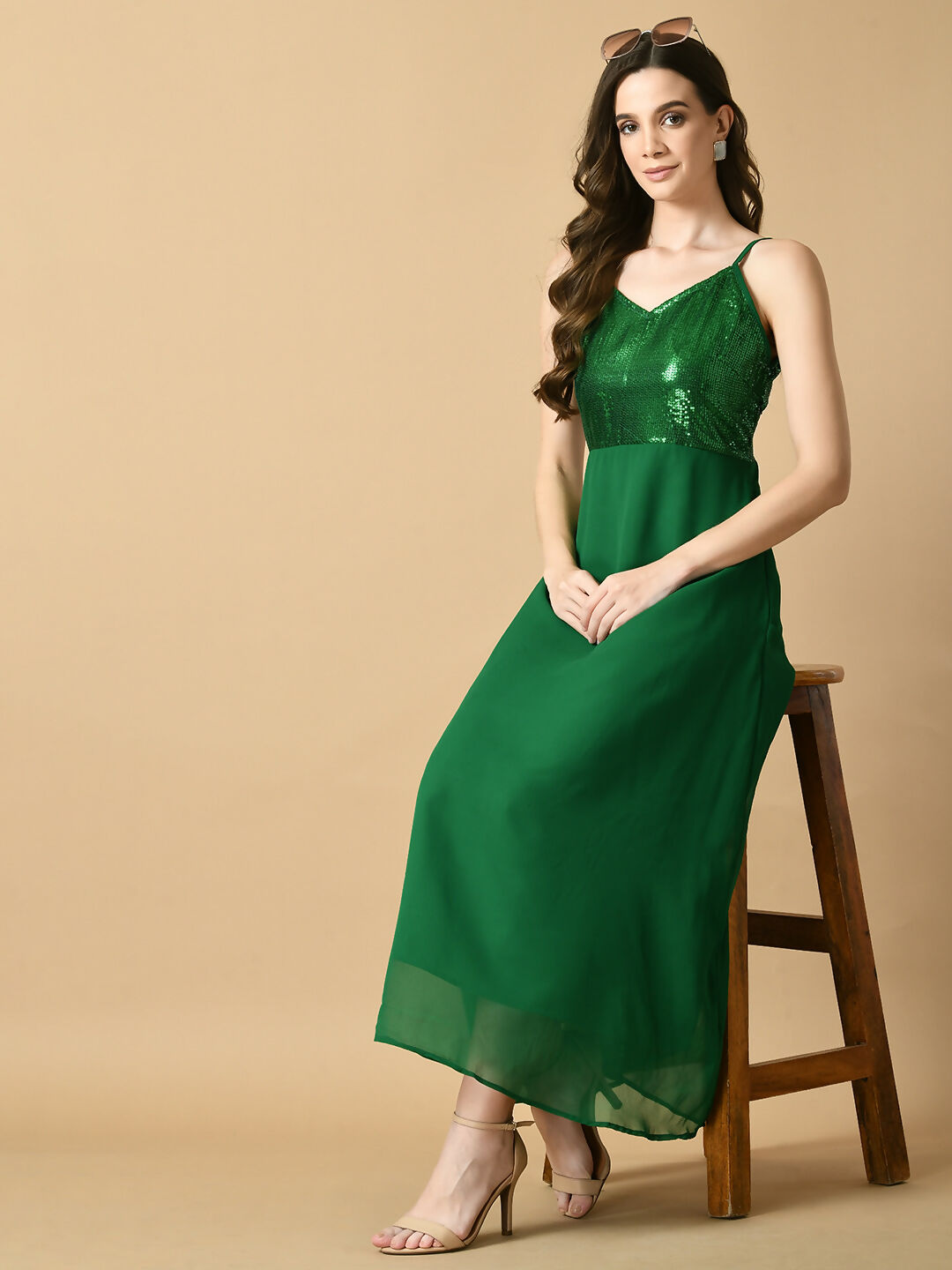 Myshka Women's Green Solid Georgette Party Dress - Distacart