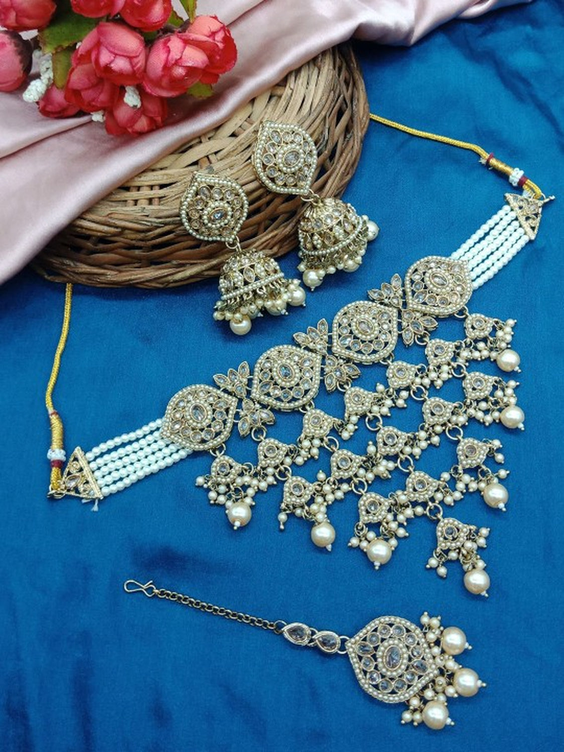 Jewel City Traditional Kundan Choker Necklace Set with Earrings & Maang Tikka – Handcrafted Bridal Jewelry for Weddings & Festivals - Distacart