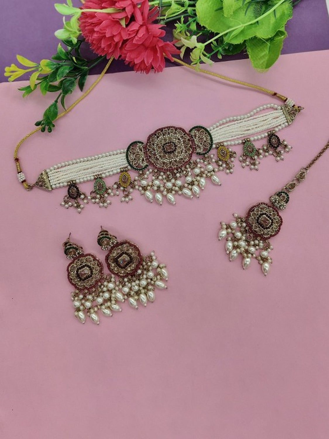 Jewel City Gold-Plated Choker Necklace Set with Earrings & Maang Tikka – Ethnic Bridal Jewelry for Weddings, Festivals & Parties