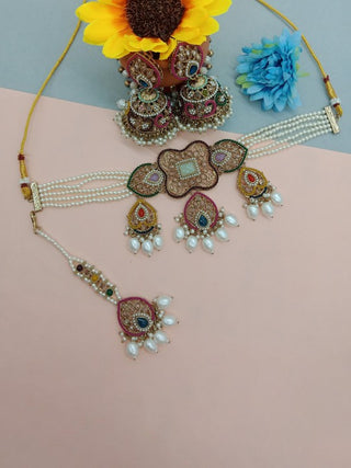 Jewel City Gold-Plated Handcrafted Kundan Bridal Jewelry Set | Traditional Ethnic Necklace, Earrings, Maang Tikka for all Occasions