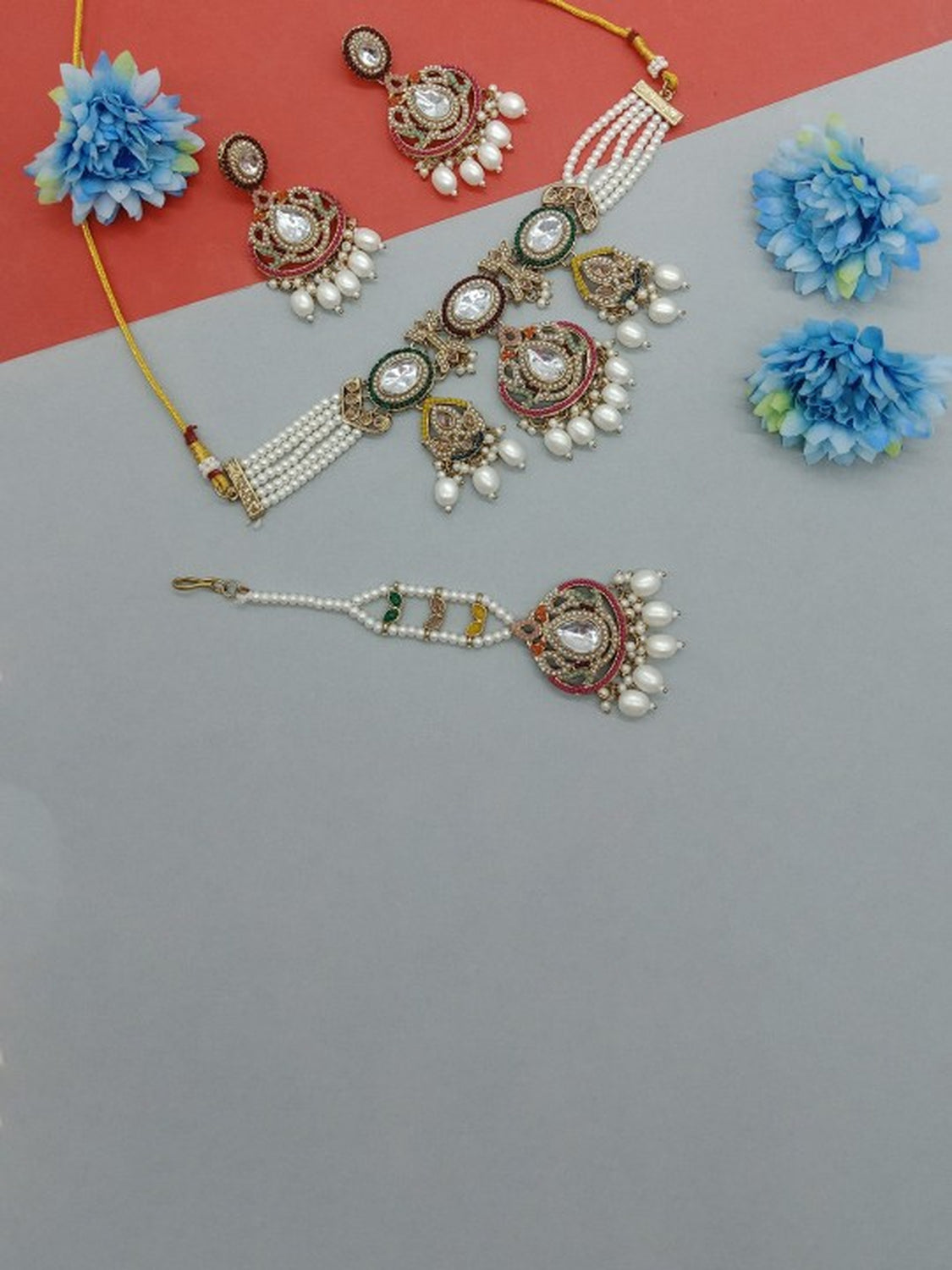 Jewel City Regal Pearl Kundan Choker Jewelry Set with Maang Tikka - Traditional Indian Wedding & Festival Collection