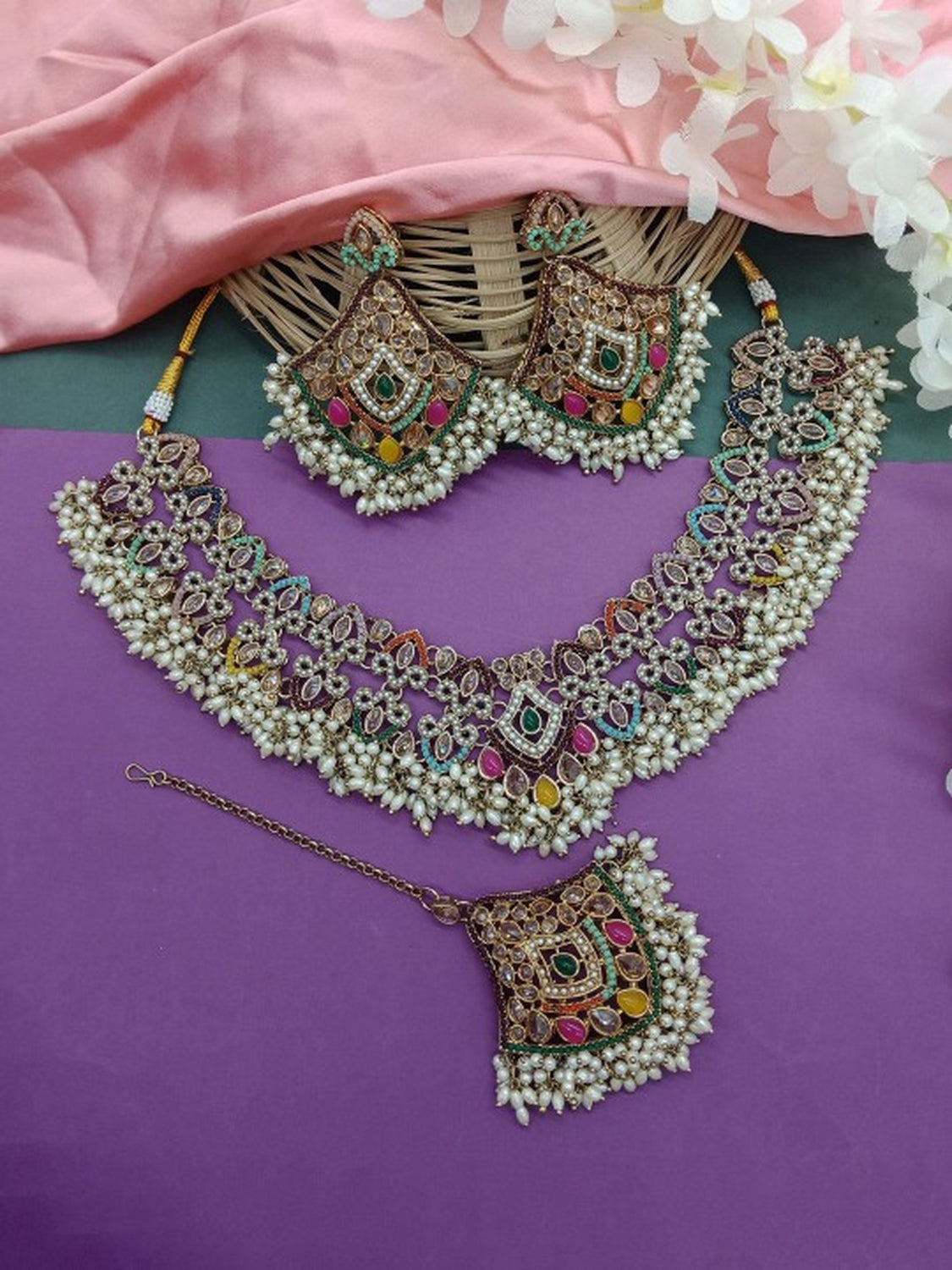 Jewel City Exquisite Multi Color Kundan Pearl Choker Necklace Set - Traditional Indian Wedding Jewelry Collection