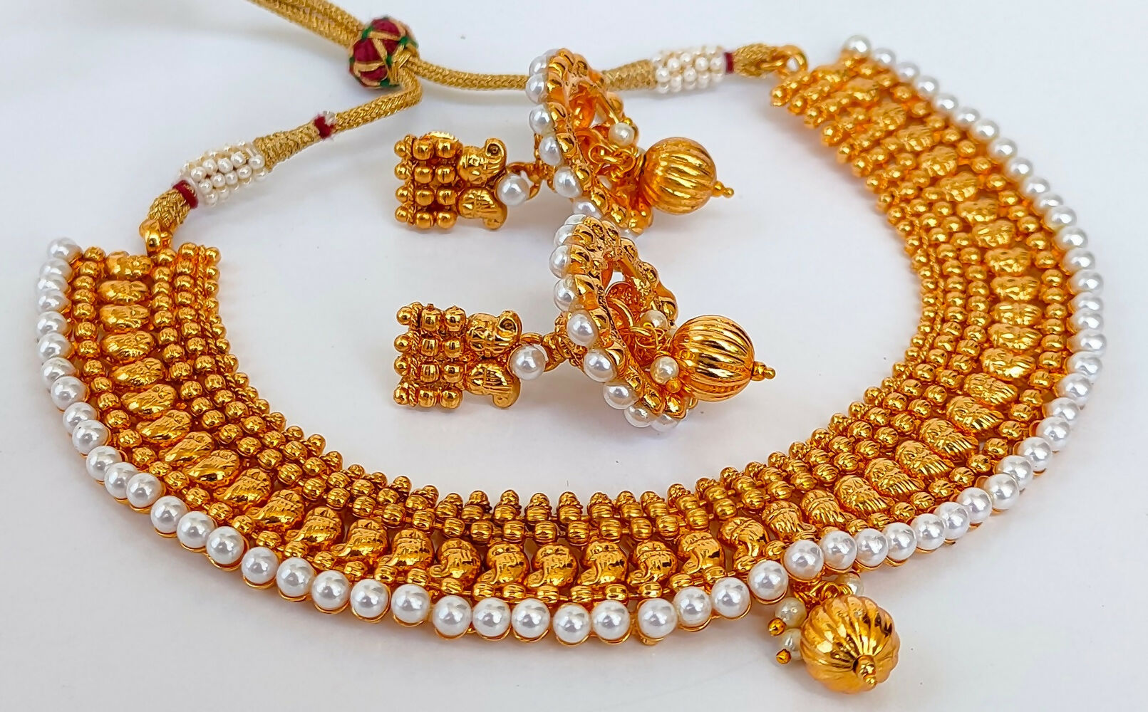 Metallic Mango Necklace Set With White Beads - Distacart