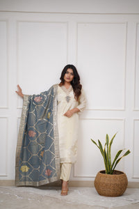 Thumbnail for Lyush Women Party Wear Embroidery Worked Kurta With Pant And Dupatta Set - Off White
