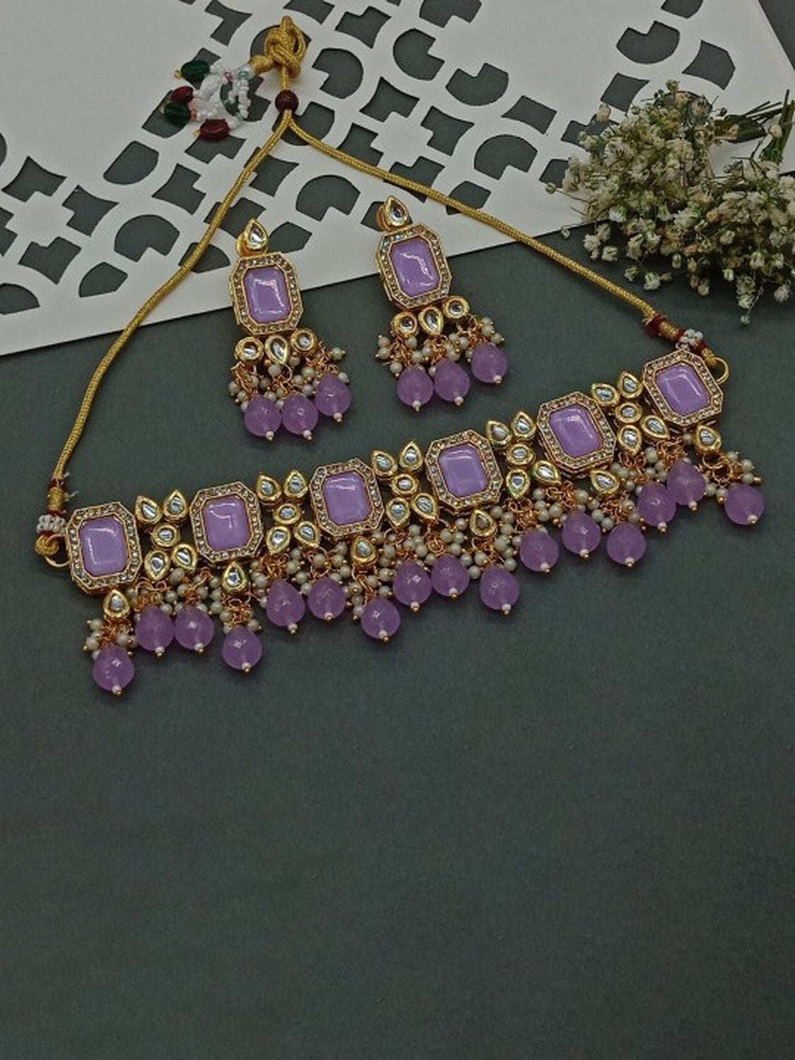 Jewel City Lavender Kundan Choker Necklace Set | Royal Purple Stone Gold-Plated Jewelry