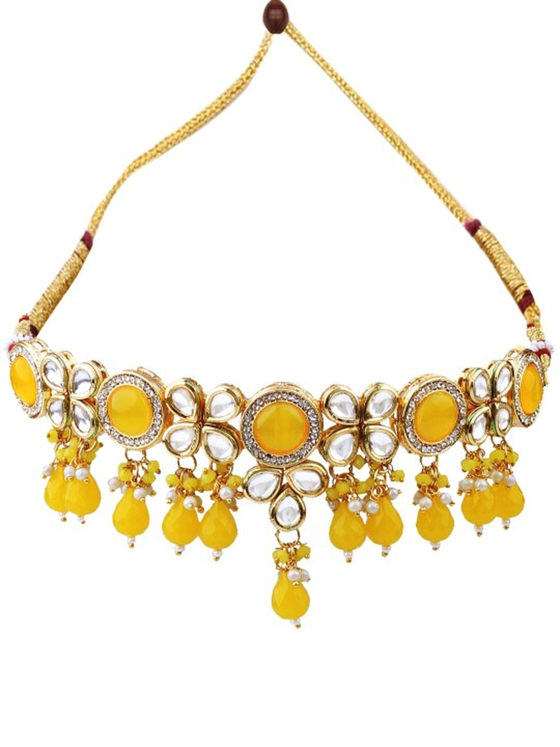 Jewel City Gold-Plated Handcrafted Kundan Yellow Bead Ethnic Jewelry Set – Traditional Necklace & Earrings for Party & Festival Wear